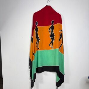 Womens OS Sarong Wrap Scarf Multicolor Batik Dancing Figures Fringe Boho